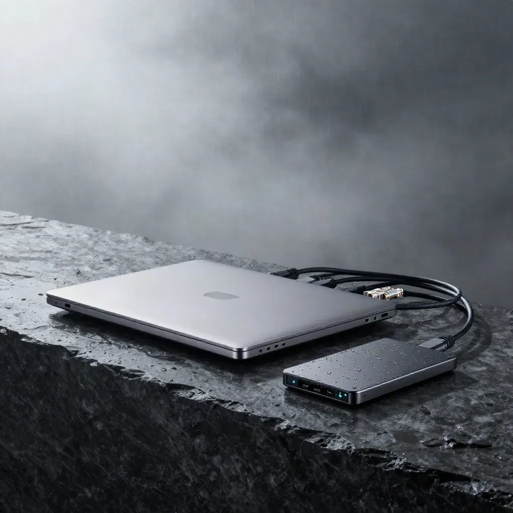 Gesloten laptop, netwerkswitch, ethernetkabels en SSD op nat grafietsteen in mist.