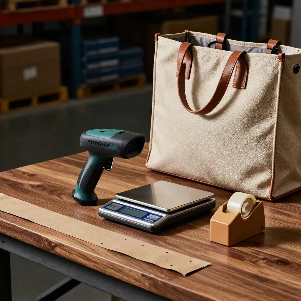 Stilleven met barcode scanner, pakweegschaal, tapehouder en gevlochten tote op warme werkbank.
