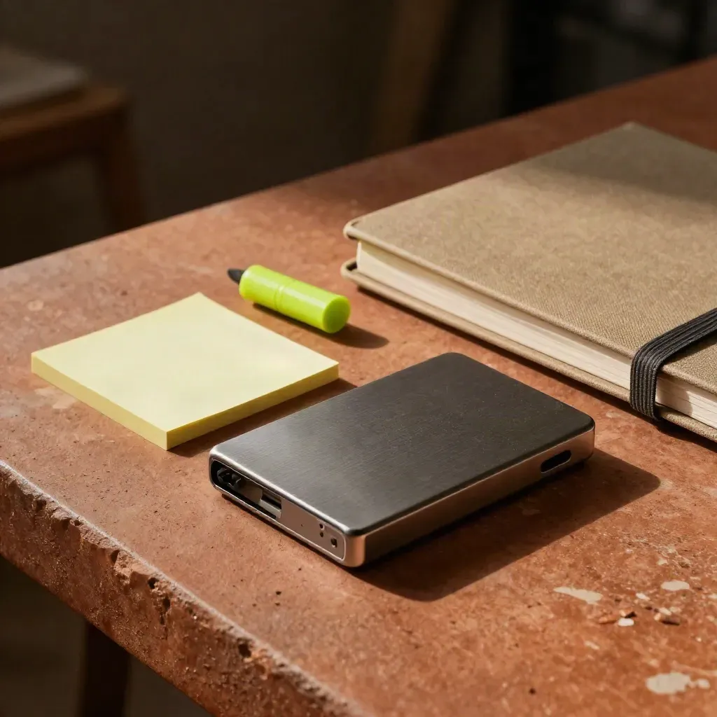 Markerdoppen, sticky note, SSD en gesloten notebook op warme terracotta ondergrond.